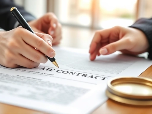 Close-up shot of two hands signing a business contract, with a focus on signatures and a legal seal, symbolizing agreement and legal validity of contract drafting.