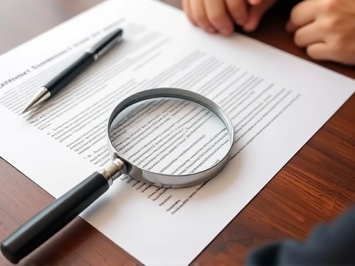 A professional lawyer's desk with a detailed contract document, a pen, and a magnifying glass, emphasizing careful review and essential clauses for contract drafting.
