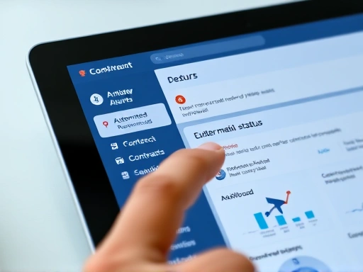 A close-up of a digital tablet showing a clean user interface of a contract management system, highlighting features like automated alerts for contract renewals and a clear dashboard for contract status, with a hand pointing to a notification icon.