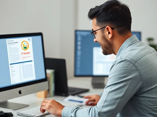 A small business owner looking at a computer screen with a Shinbo logo, showing financial documents and a loan application form, representing credit guarantee fund issuance.