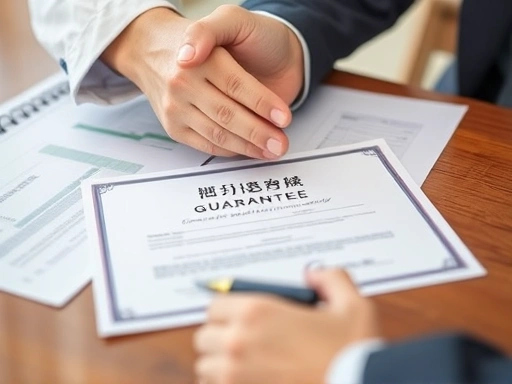Close-up of hands shaking over a Shinbo guarantee certificate and a pen, with blurred financial documents in the background, symbolizing the completion of the issuance procedure.