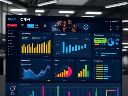 A futuristic CRM dashboard showcasing integrated customer data, sales pipelines, and marketing automation, with a diverse team collaborating in the background, symbolizing effective CRM system implementation. Focus on data visualization and connectivity.