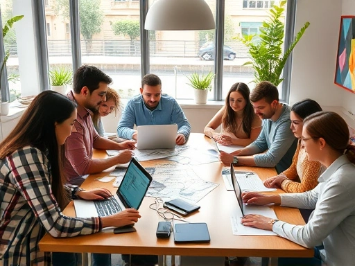 A diverse group of people around a table, actively collaborating on creative projects with laptops and design sketches, symbolizing various crowdfunding endeavors. The scene is bright and inspiring, reflecting innovation and teamwork, with a slight blur on the background to highlight the foreground activities.