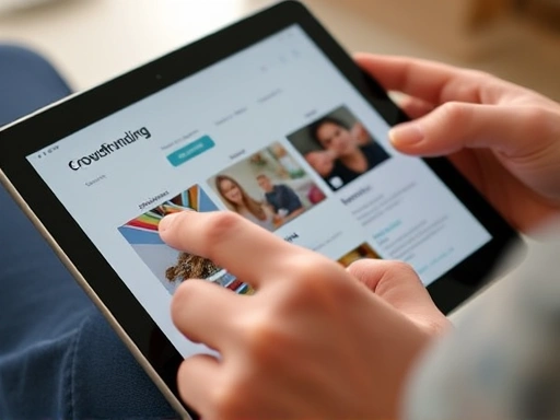 A close-up shot of hands interacting with a tablet displaying a crowdfunding campaign page, showing various project categories like technology, art, and food, with small icons representing different platforms. The focus is on the digital interface and the user's engagement, illustrating the accessibility of online funding.