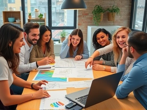 A diverse group of people collaborating on a creative project, brainstorming ideas for a crowdfunding campaign, with concept sketches and a laptop showing a project plan on a table, vibrant and hopeful atmosphere, full shot, high detail.