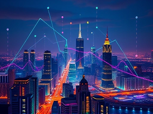 A vibrant, futuristic city skyline at night with intertwined digital circuits and glowing abstract blockchain elements, symbolizing a complex and dynamic digital economy, showcasing interconnectedness and innovation in crypto and token economies.