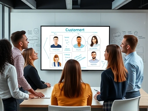 A diverse group of business professionals in a modern, collaborative office setting, actively brainstorming and discussing customer profiles on a large digital screen. Focus on engagement and teamwork, with whiteboard sketches in the background. Highly detailed, vibrant, professional.