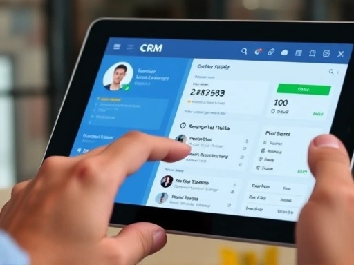 A close-up shot of a hand interacting with a tablet displaying a modern CRM interface, showing customer profile with interaction history, purchase data, and support tickets, emphasizing effective customer relationship management through technology.