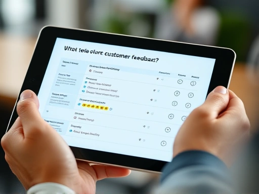 Close-up view of hands holding a tablet displaying a customer feedback survey with positive ratings, emphasizing the importance of collecting and analyzing customer satisfaction data for continuous improvement. The background is blurred to highlight the tablet screen.
