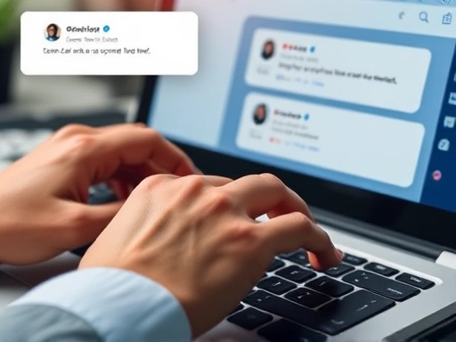 A close-up shot of hands typing on a keyboard, with speech bubbles representing positive and negative customer reviews appearing on the screen. The focus is on the meticulous process of responding to feedback, with elements of empathy and problem-solving.