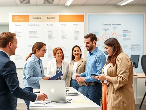 A professional customer service team working collaboratively in a modern office environment, with clear process charts and happy customers in the background, symbolizing standardization and efficiency. The scene is bright and organized, emphasizing teamwork.