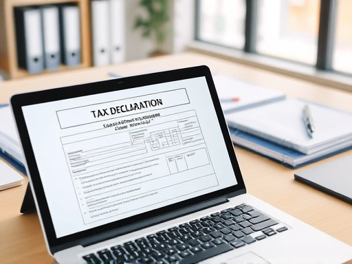 A professional, organized office setting with documents and a laptop showing a tax declaration form, emphasizing accuracy and compliance for import-export businesses.