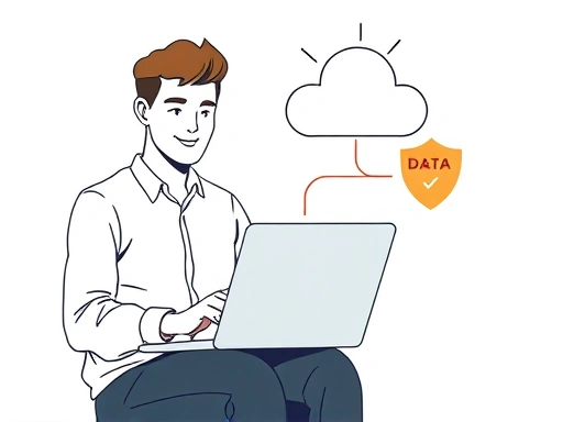A person confidently working on a laptop, with data flowing securely into a cloud icon and a shield icon representing security, clean and professional setting, digital illustration, focusing on data protection concept.