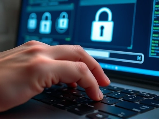 Close-up of a hand typing on a keyboard, with digital lock icons and a progress bar indicating data encryption or backup, focused and secure atmosphere, highlighting data security steps.