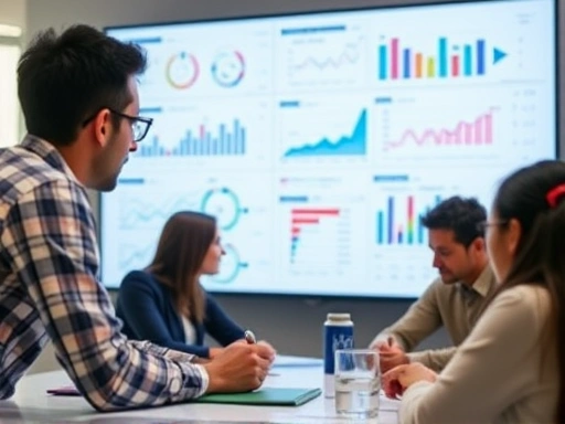 Close-up shot of a team collaborating around a large screen with data visualizations, emphasizing the collaborative aspect of data-driven marketing.