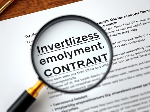 A magnifying glass closely examining the detailed terms and conditions of an employment contract, highlighting the importance of thorough review, with a focus on text clarity.
