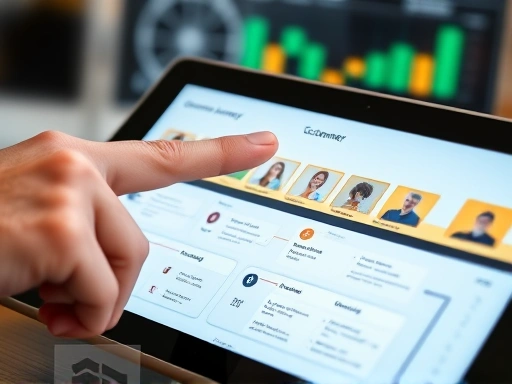 Close-up of a hand pointing at a segment of a digital customer journey map displayed on a tablet, showing different touchpoints and customer emotions, with blurred data visualization in the background, highlighting user experience.