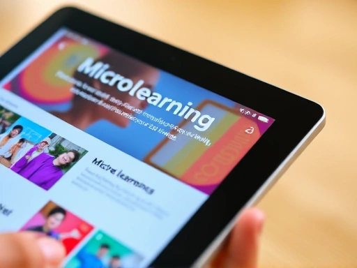 Close-up view of a tablet screen displaying a microlearning module, with vibrant graphics and short text snippets, illustrating the digital approach to employee skill enhancement.