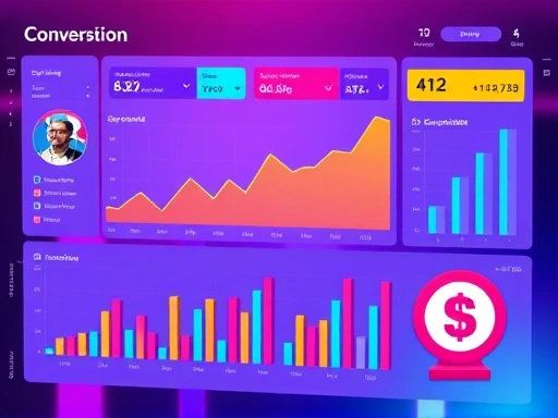 A vibrant digital marketing dashboard showing a significant increase in conversion rates, with data graphs and retargeting ad icons, symbolizing successful online strategies.