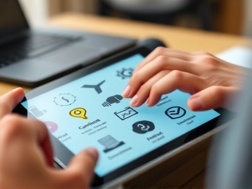 Close-up on a tablet displaying various digital compliance icons, with blurred hands typing on a keyboard in the background, representing the technical and practical aspects of digital regulation.