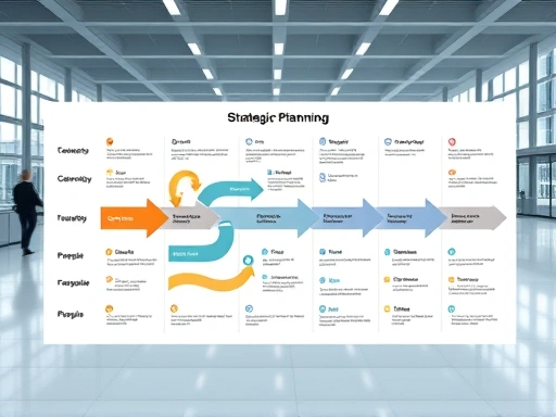 A detailed roadmap with various interconnected elements representing strategic planning for digital transformation, including technology, process, and people, set in a modern corporate environment, highly professional and clear.
