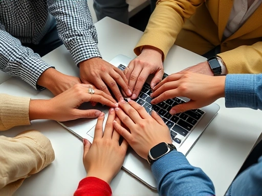 Close-up of diverse hands collaborating on a laptop, showing teamwork and shared ideas in a professional, inclusive environment.