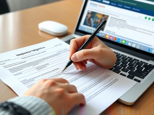 A close-up shot of a hand filling out official business registration forms, with a pen and a laptop displaying government websites, emphasizing the detailed nature of obtaining licenses and permits for various industries.