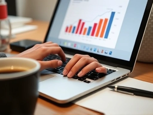 Close-up of hands typing on a laptop, showing a financial projection chart on the screen, with a cup of coffee and a pen nearby, symbolizing careful planning and foresight in early business stages.