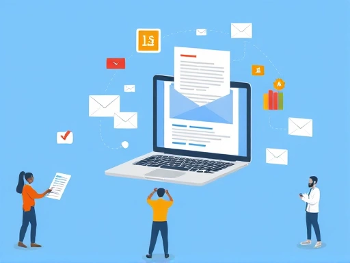 A visually engaging overview of email marketing with various elements like a laptop screen showing an email, charts, and people interacting, highlighting effective strategies and business growth.
