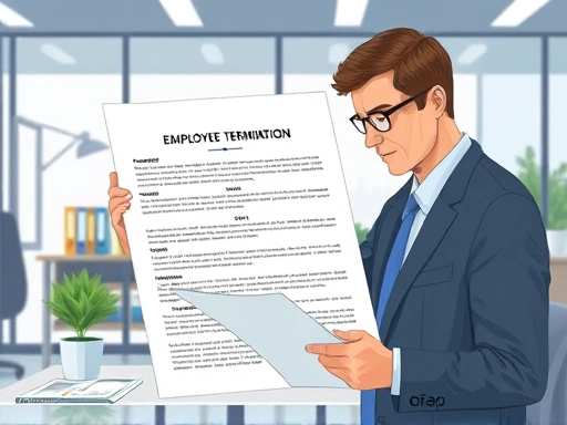 A detailed illustration of a legal document outlining employee termination procedures, with a professional HR person reviewing it carefully in a modern office, concept of compliance and due diligence.