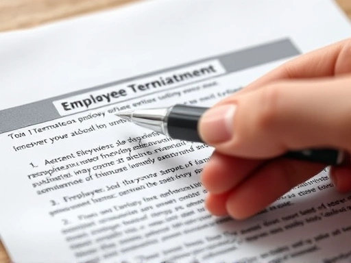 Close-up of a human resources professional's hands holding a pen, highlighting a specific clause on an employee termination document, with a focus on meticulous attention to legal details.