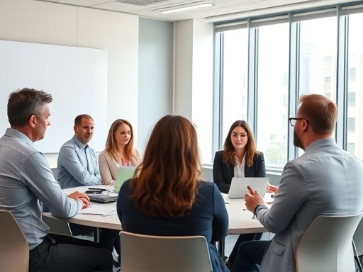 A diverse group of employees actively participating in a modern, brightly lit training room, with a lead trainer engaging them in a discussion about competency development methods.