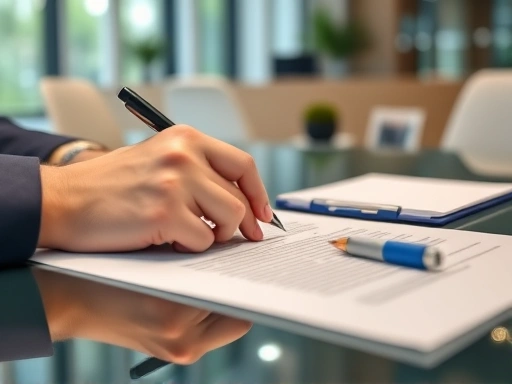 A close-up shot of hands signing an employment contract on a modern desk, with a pen, documents, and a blurred office background, professional and clear.