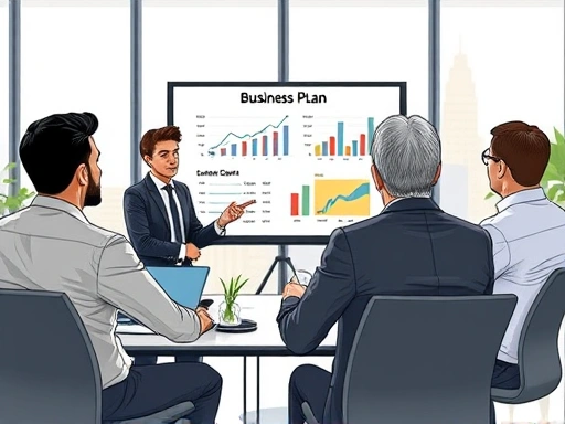 A detailed illustration of a confident entrepreneur presenting a business plan to a panel of government officials, with charts and graphs on a screen in a modern office setting, symbolizing government startup grant application.