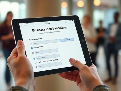A close-up shot of a hand holding a tablet displaying a business idea validation survey, with blurred people in the background giving feedback, emphasizing the importance of market testing.