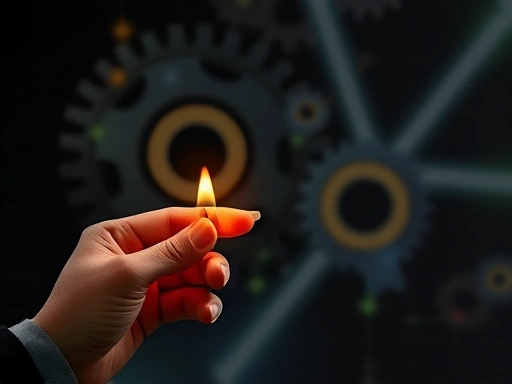 A dynamic image of a person igniting a small flame, symbolizing entrepreneurial motivation, with abstract gears and light beams in the background, representing goal setting and progress. Focus on inspiration and new beginnings.