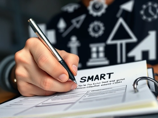 A close-up of a hand writing down SMART goals on a planner with a determined expression, surrounded by blurred entrepreneurial success symbols in the background, focusing on detailed planning and strategic thinking.
