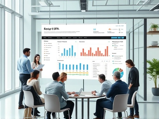 A professional setting with diverse employees collaboratively interacting with a large data dashboard, symbolizing integrated business processes and efficiency gains from ERP system implementation.