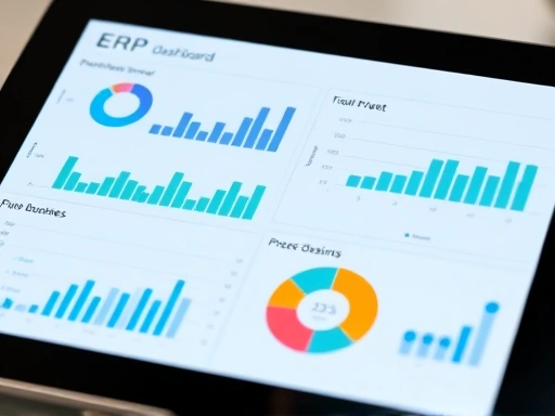 Close-up of a tablet screen displaying an ERP dashboard with various charts and graphs, showing real-time business data and performance metrics, emphasizing data-driven decision-making.