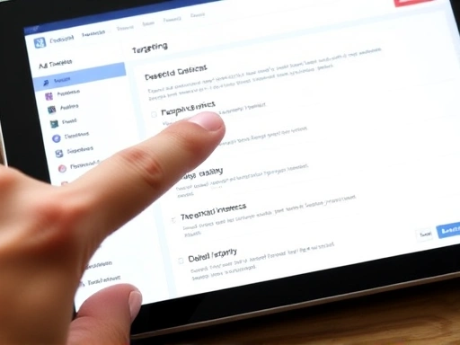 Close-up of a hand pointing to detailed targeting options within the Facebook Ads Manager interface on a tablet screen, showing various demographic and interest choices.