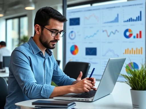 A professional marketer analyzing data on a laptop, surrounded by graphs and charts, in a modern office environment, symbolizing Facebook ad targeting optimization.