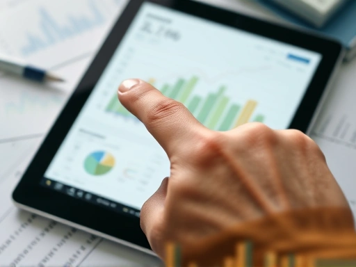 A close-up shot of a hand pointing at a financial chart on a tablet screen, showing different colored lines representing revenue, profit, and cash flow. The background is slightly blurred with other financial documents. Focus on clarity and data interpretation, incorporating keywords like data insights and financial interpretation.