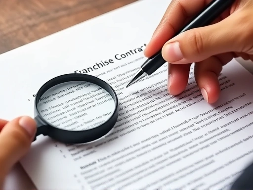A close-up shot of hands highlighting specific clauses on a franchise contract with a pen, next to a magnifying glass. The focus is on detailed examination and complex legal text. Emphasize