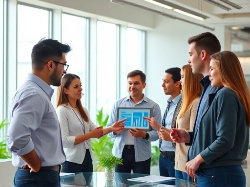 A diverse group of professionals from various departments collaboratively working in a modern, brightly lit office, symbolizing integrated talent strategy and future readiness. They are discussing data on a large screen.