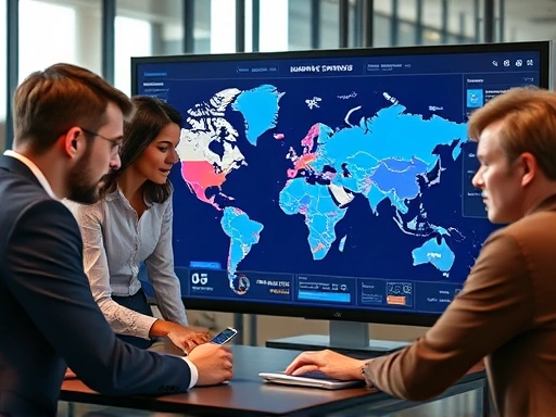 A diverse group of business professionals from different cultures collaborating on a global marketing strategy, looking at a world map on a digital screen, showing data points and market segments.