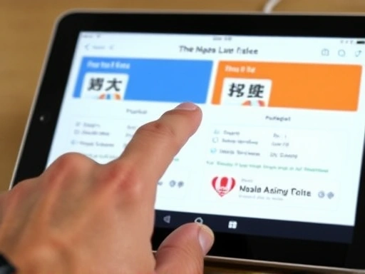 Close-up of a hand pointing at a tablet screen displaying different localized versions of a product's user interface, highlighting cultural adaptation in global marketing.