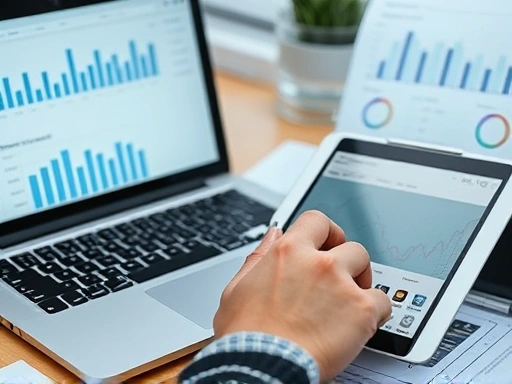 A close-up shot of hands analyzing financial data and legal documents on a laptop and tablet, representing thorough due diligence and complex cross-border M&A analysis.