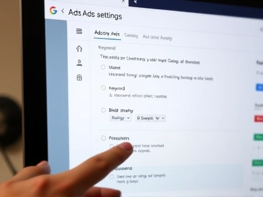 A close-up of a computer screen displaying a Google Ads optimization interface, with a hand pointing to specific settings like 'keywords' or 'bidding strategy', highlighting detailed configuration and analytical tools.