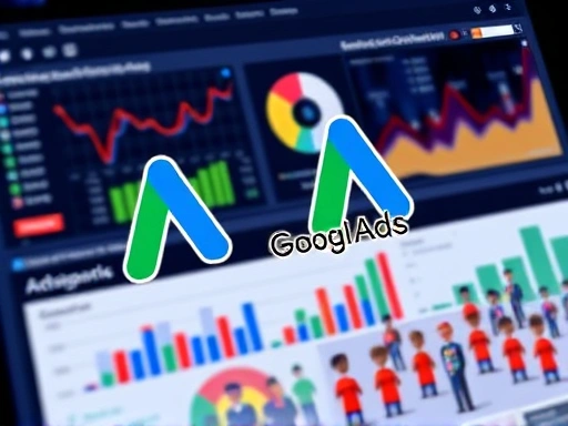 A vibrant, detailed image showing a marketing dashboard with various charts and graphs, overlaid with Google Ads logos and customer icons, symbolizing customer acquisition through optimized campaigns. Focus on data visualization and digital marketing tools.