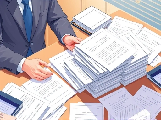 A detailed, professional illustration of a person meticulously organizing stacks of documents, files, and digital forms on a desk, surrounded by official-looking papers, symbolizing the complex process of obtaining government licenses and permits. The scene is brightly lit, conveying efficiency and clarity, with a sense of order amidst paperwork.